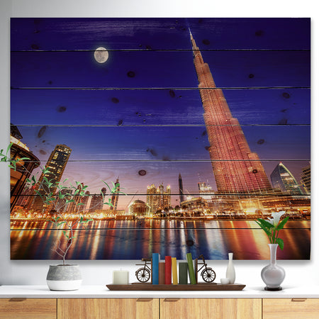 Burj Khalifa Night Landscape - Cityscape Print on Natural Pine Wood