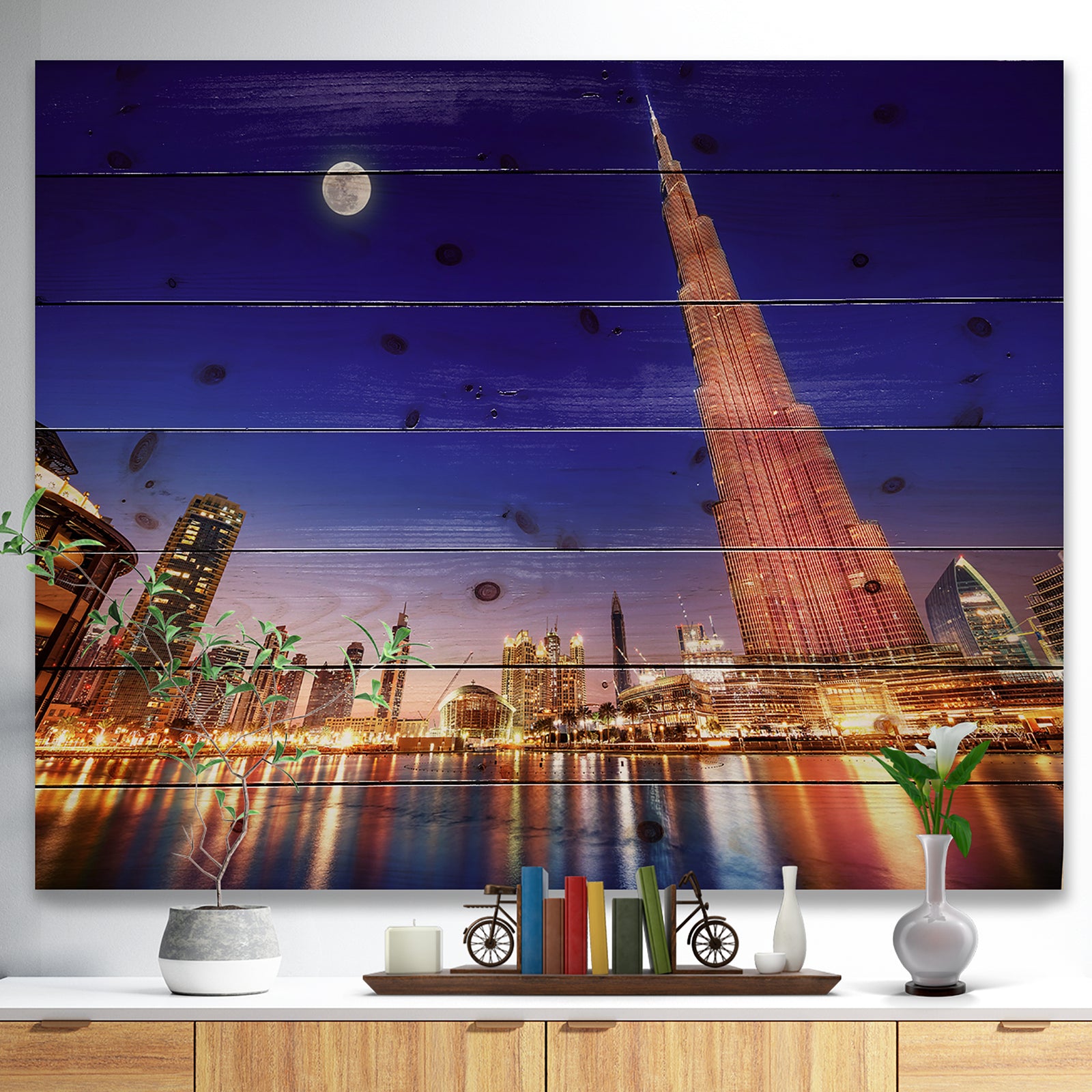 Burj Khalifa Night Landscape - Cityscape Print on Natural Pine Wood