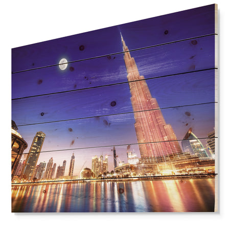 Burj Khalifa Night Landscape - Cityscape Print on Natural Pine Wood