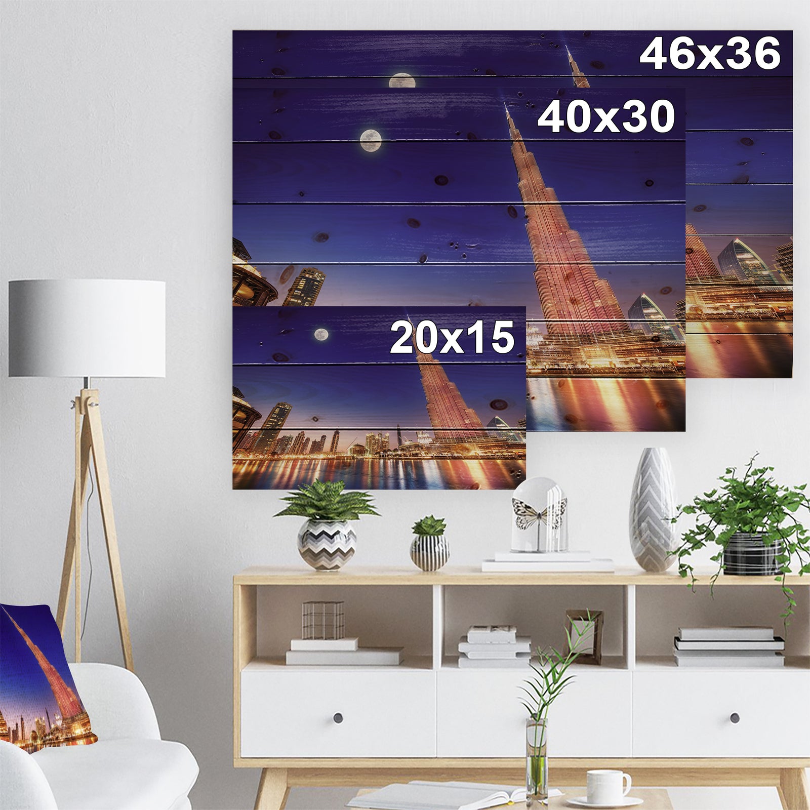 Burj Khalifa Night Landscape - Cityscape Print on Natural Pine Wood