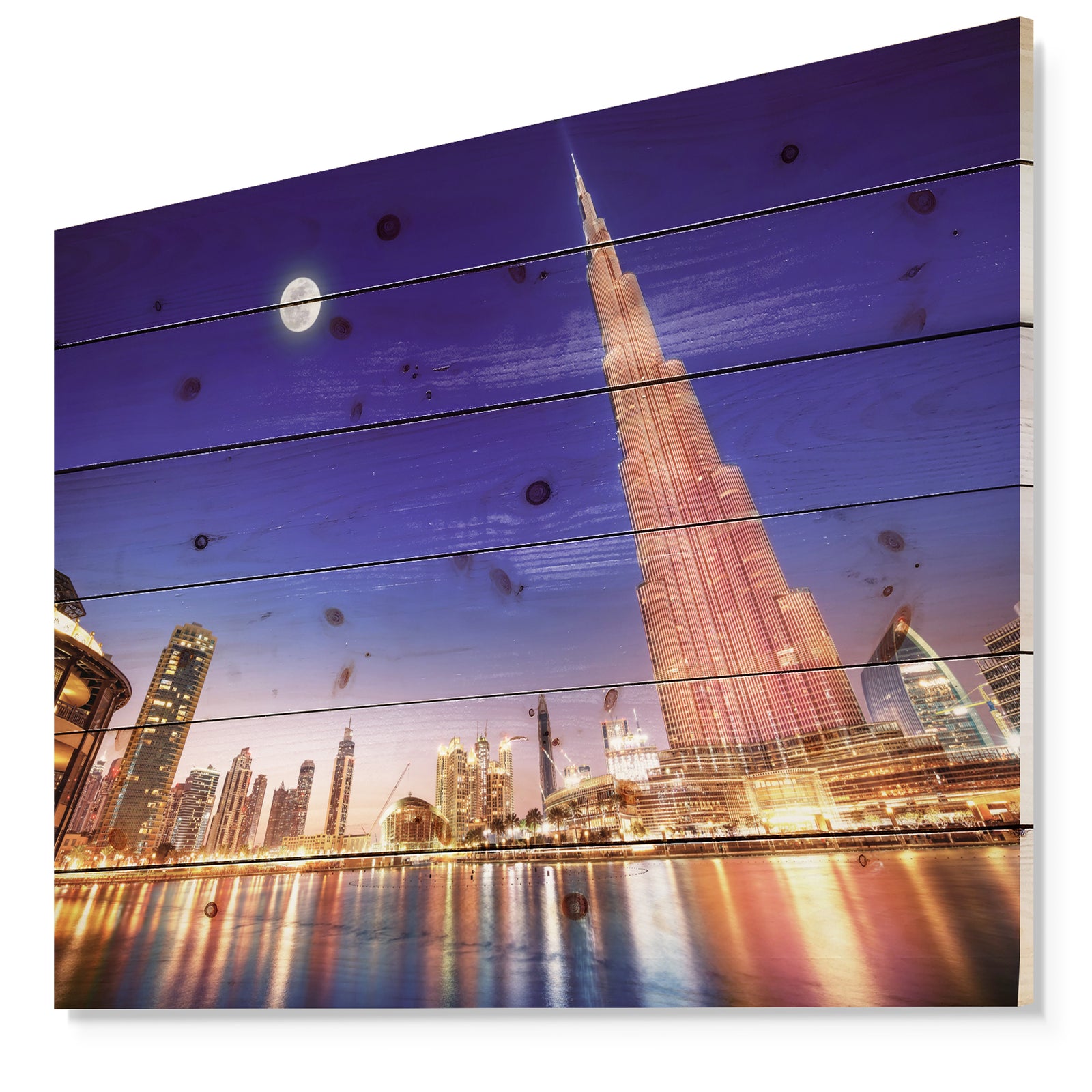 Burj Khalifa Night Landscape - Cityscape Print on Natural Pine Wood