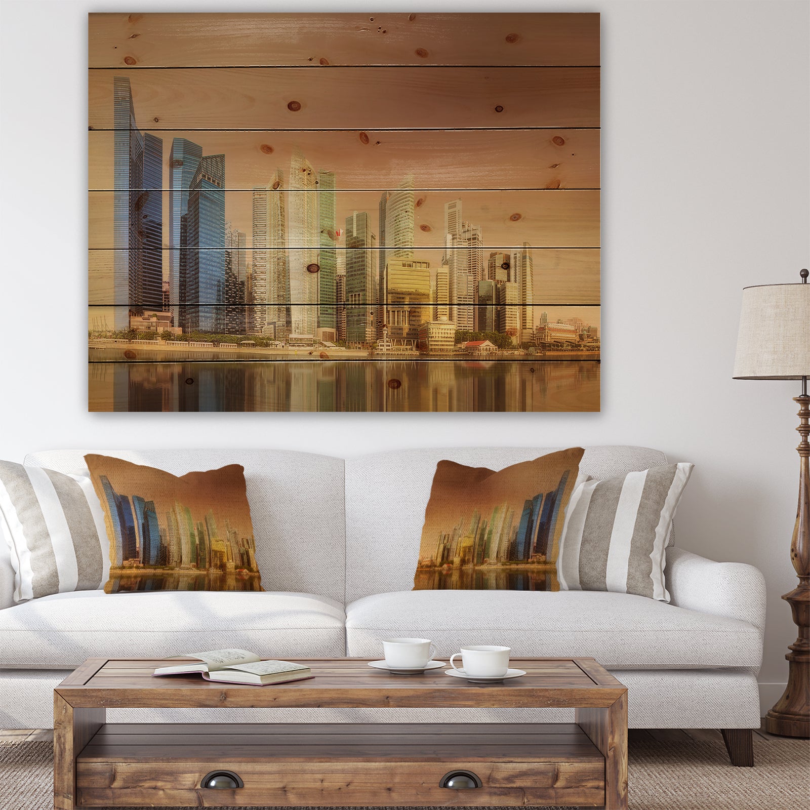 Singapore Skyline under Brown Sky - Cityscape Print on Natural Pine Wood