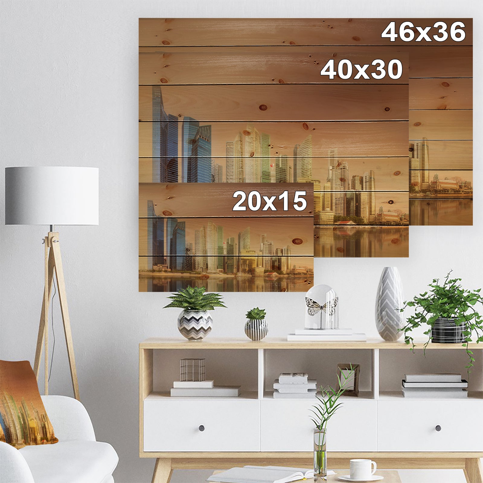 Singapore Skyline under Brown Sky - Cityscape Print on Natural Pine Wood