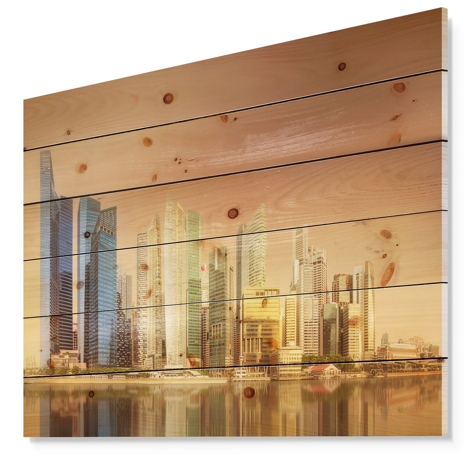 Singapore Skyline under Brown Sky - Cityscape Print on Natural Pine Wood