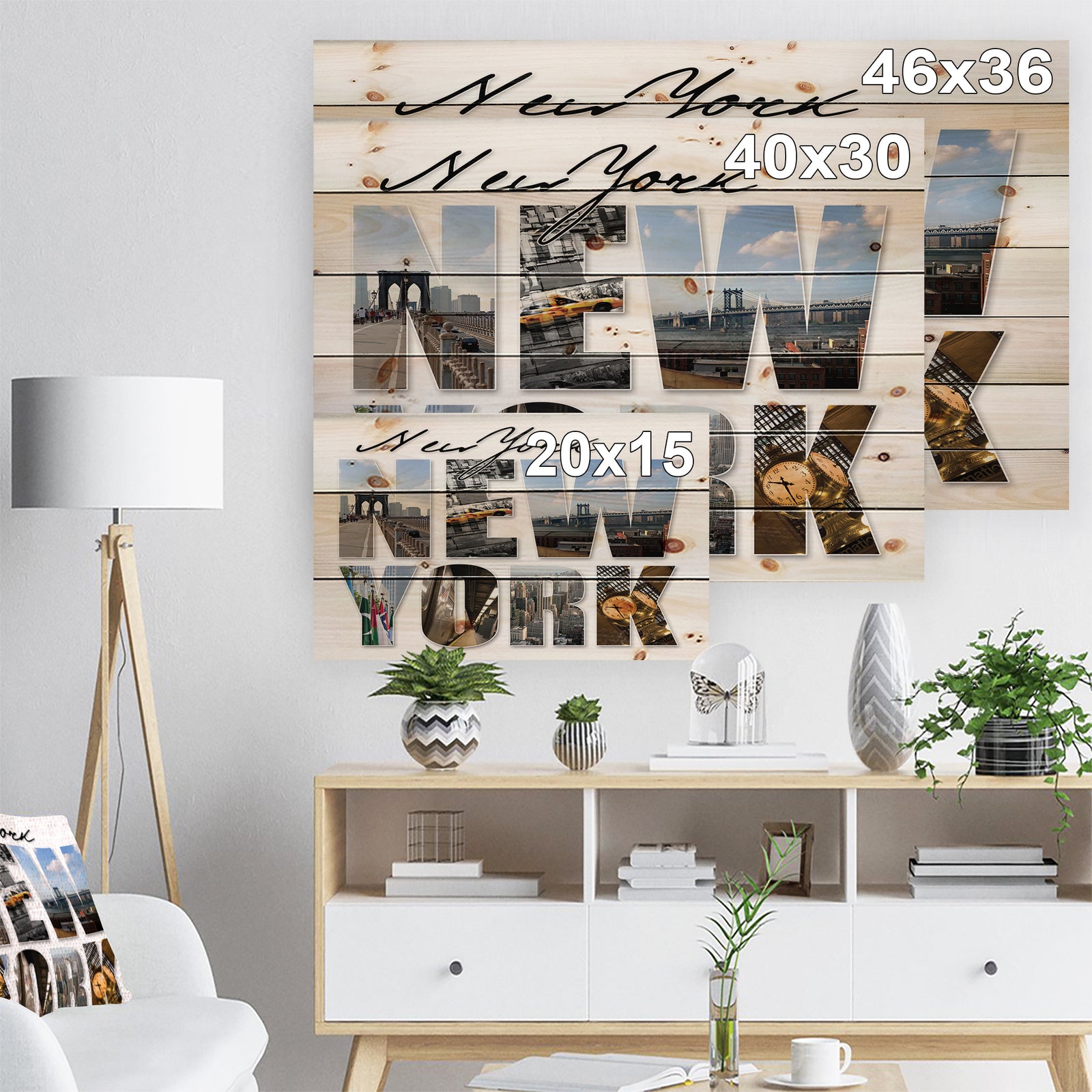 New York City Graphic Montage - Cityscape Print on Natural Pine Wood