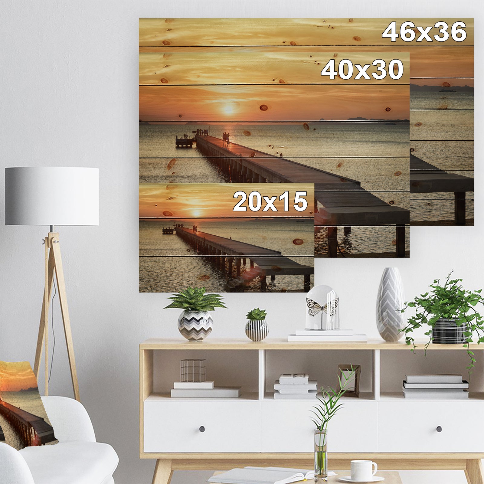 Boat Pier at Sunset - Bridge Print on Natural Pine Wood