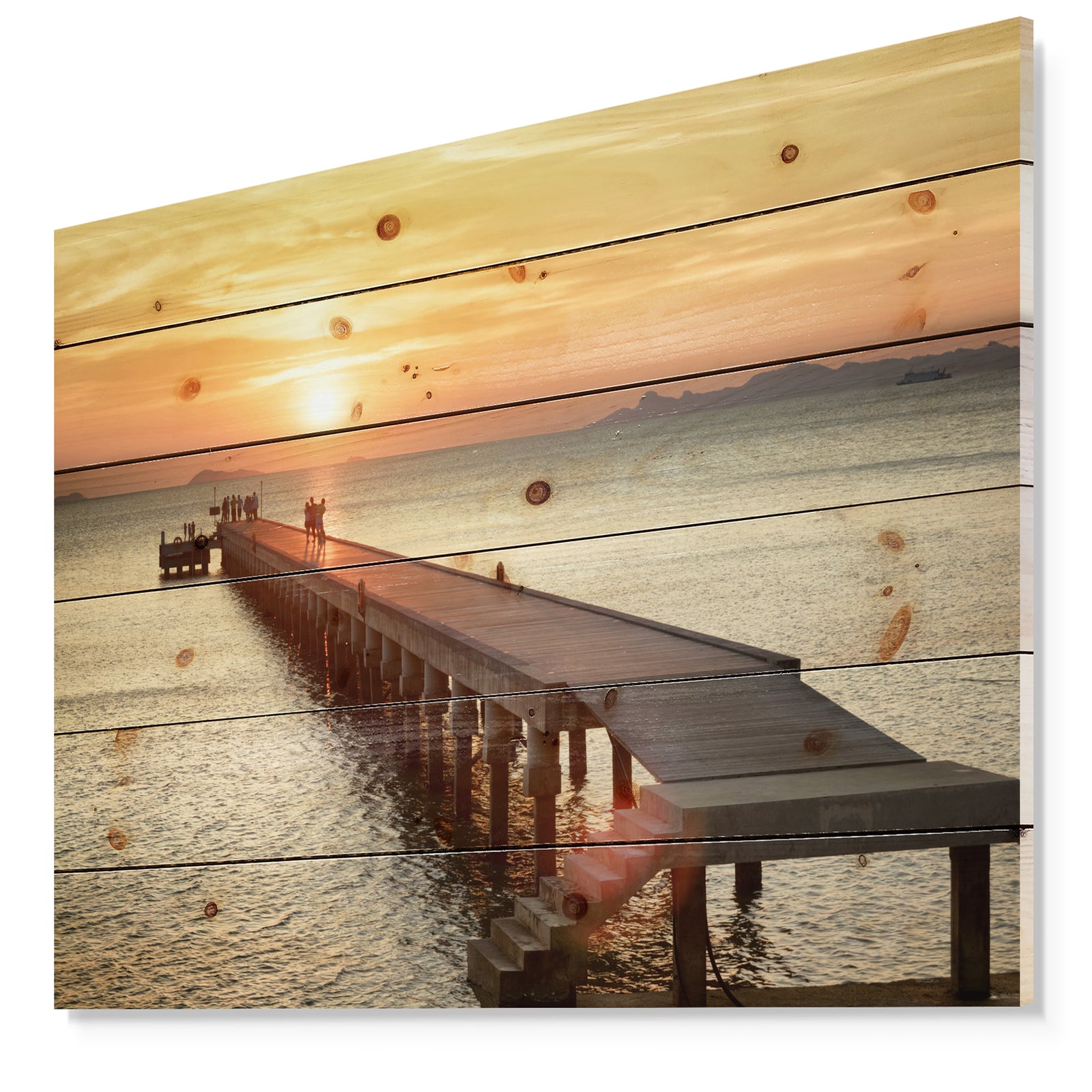 Boat Pier at Sunset - Bridge Print on Natural Pine Wood