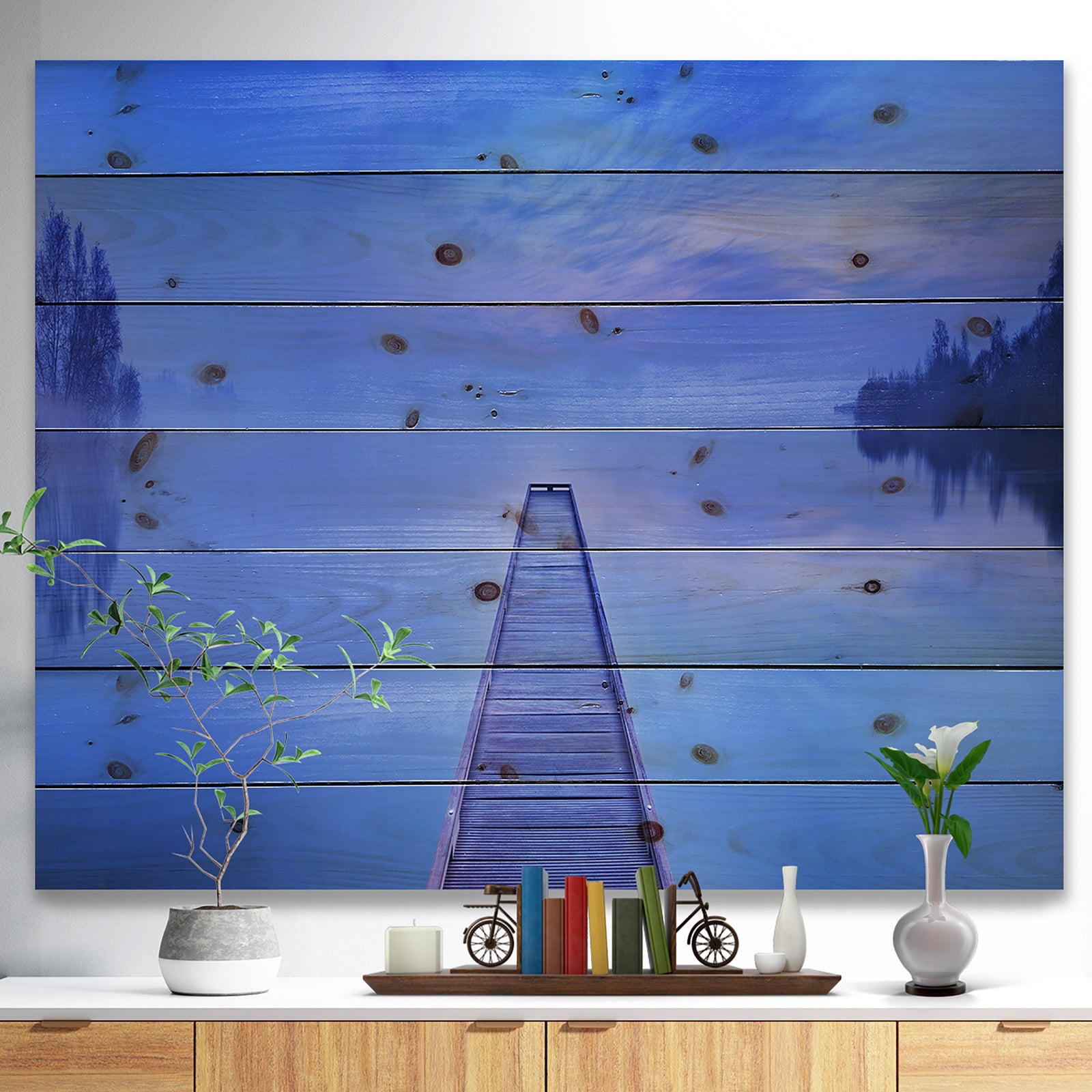 Jetty at Blue Dawn Panorama - Bridge Print on Natural Pine Wood