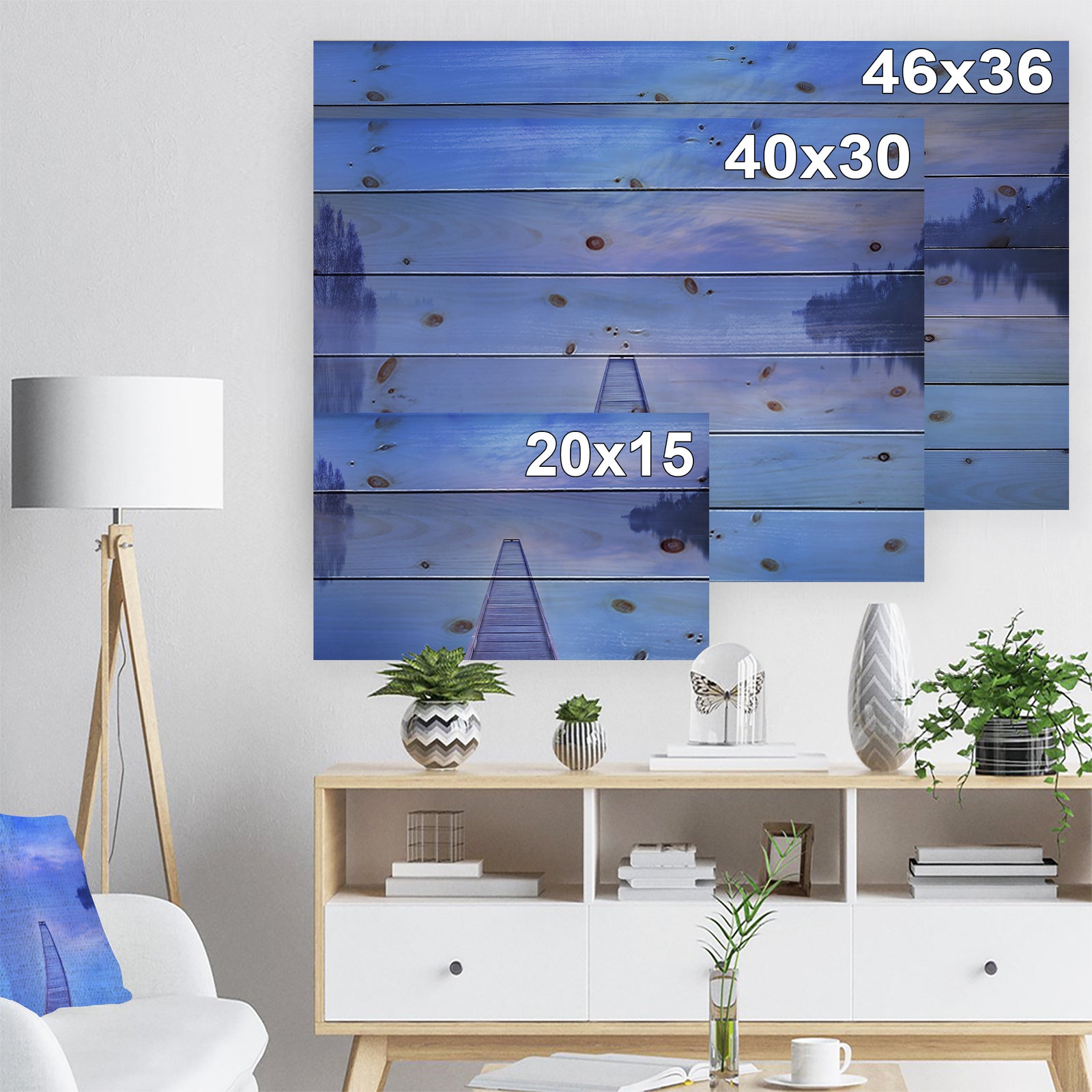 Jetty at Blue Dawn Panorama - Bridge Print on Natural Pine Wood