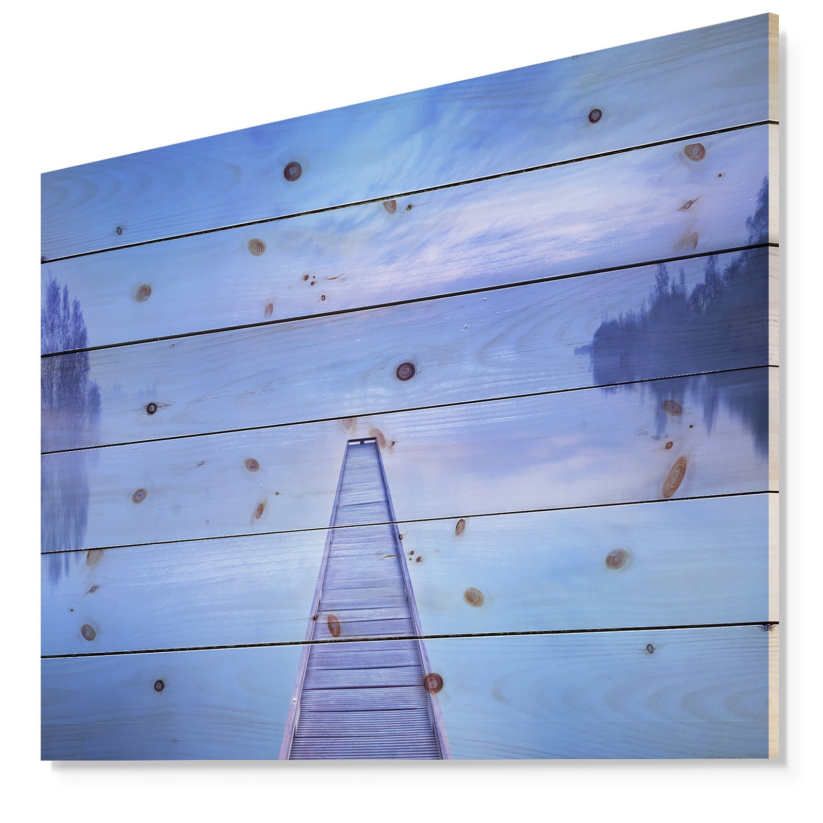 Jetty at Blue Dawn Panorama - Bridge Print on Natural Pine Wood
