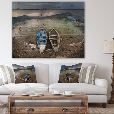 Two Boats near Pokhara Lake - Boat Print on Natural Pine Wood