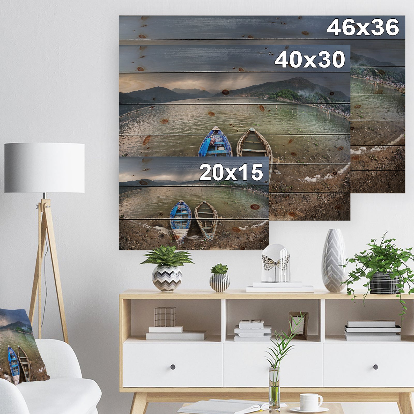 Two Boats near Pokhara Lake - Boat Print on Natural Pine Wood