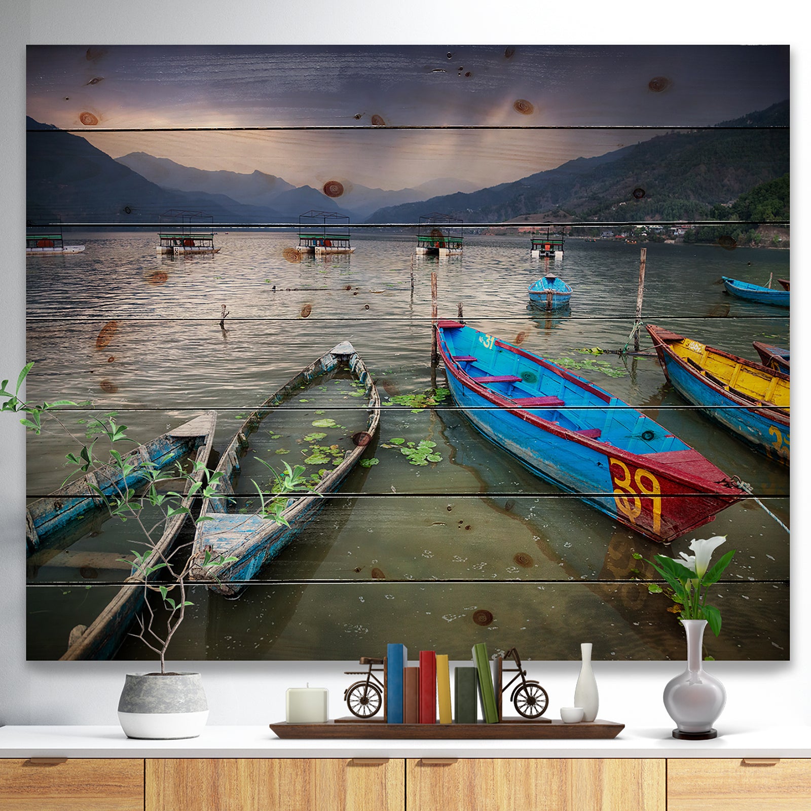 Boats near Pokhara Lake - Boat Print on Natural Pine Wood