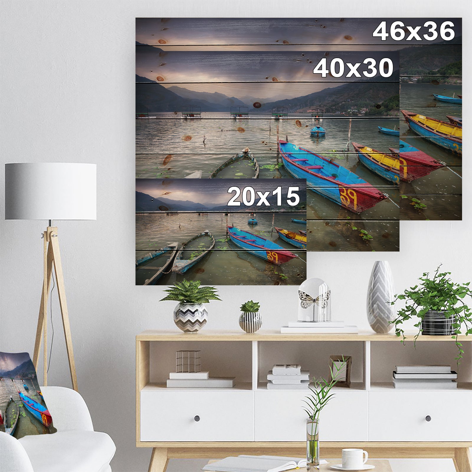 Boats near Pokhara Lake - Boat Print on Natural Pine Wood