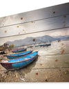 Blue Boats in Pokhara Lake - Boat Print on Natural Pine Wood