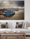 Blue Boats in Pokhara Lake - Boat Print on Natural Pine Wood