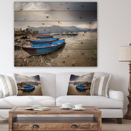 Blue Boats in Pokhara Lake - Boat Print on Natural Pine Wood