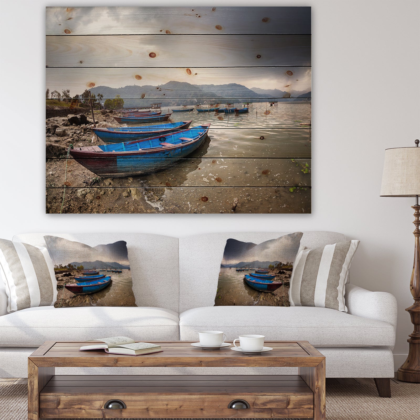 Blue Boats in Pokhara Lake - Boat Print on Natural Pine Wood