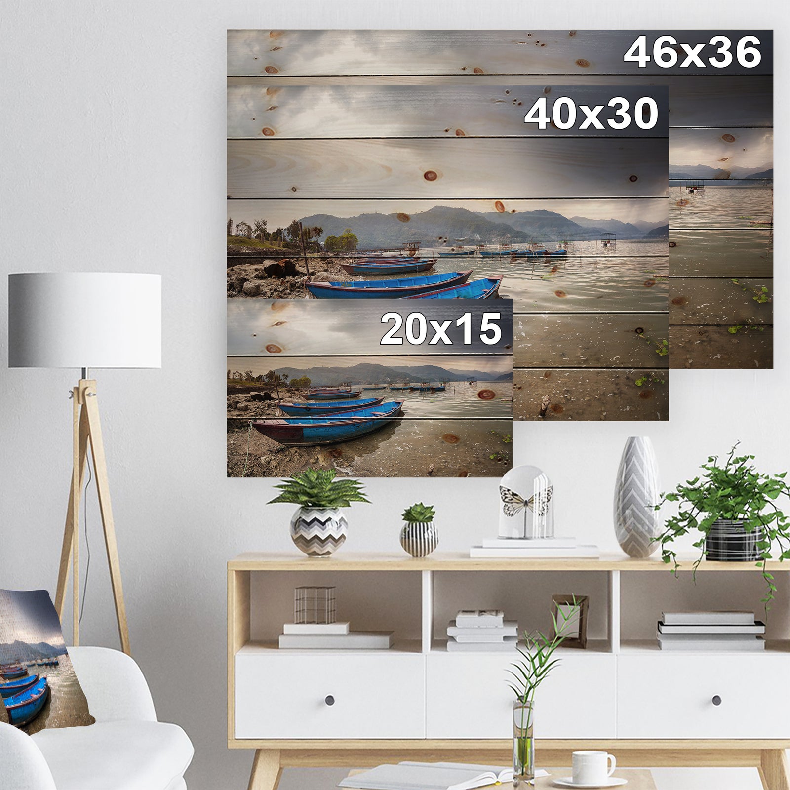 Blue Boats in Pokhara Lake - Boat Print on Natural Pine Wood