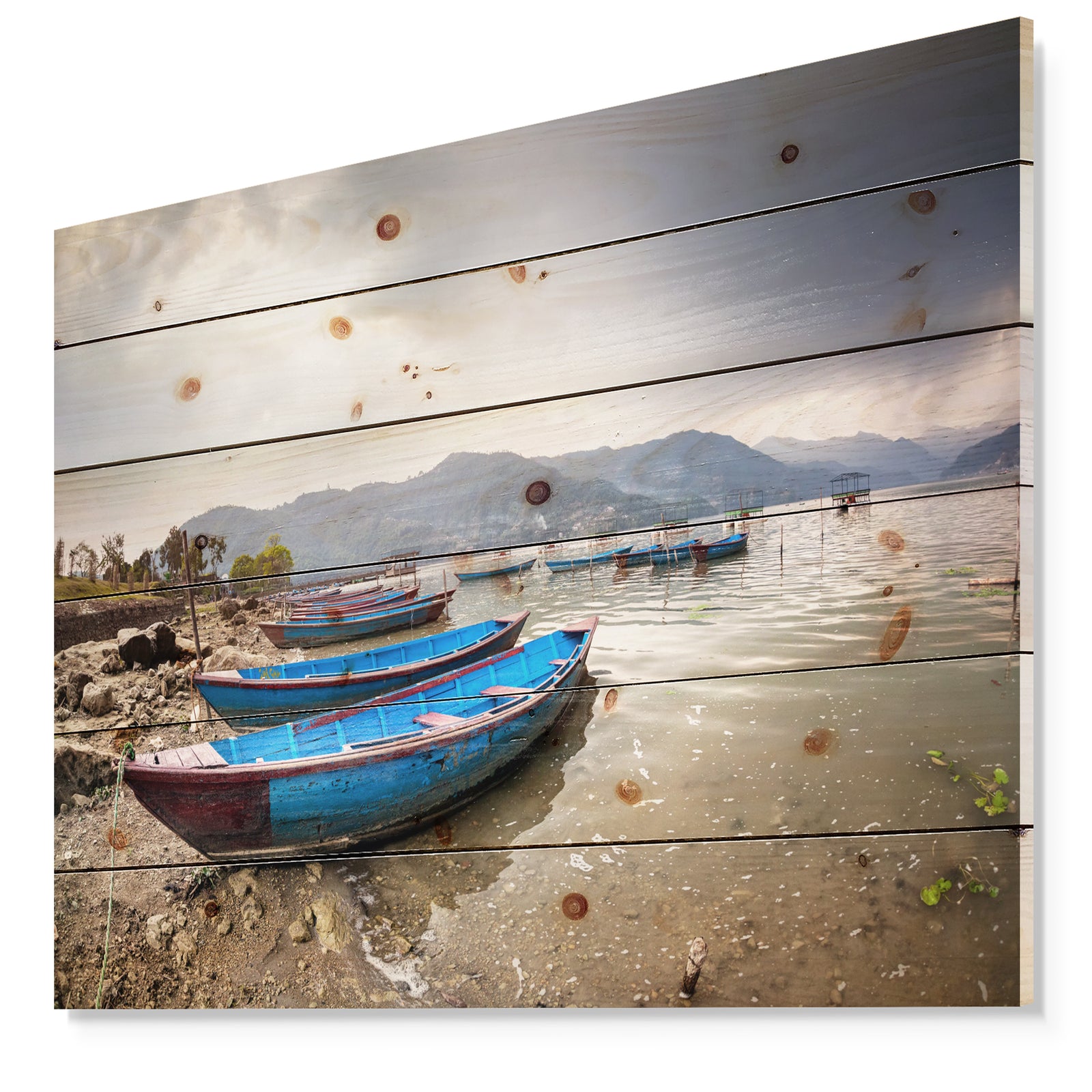Blue Boats in Pokhara Lake - Boat Print on Natural Pine Wood