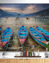 Row of Blue Boats in Pokhara Lake - Boat Print on Natural Pine Wood