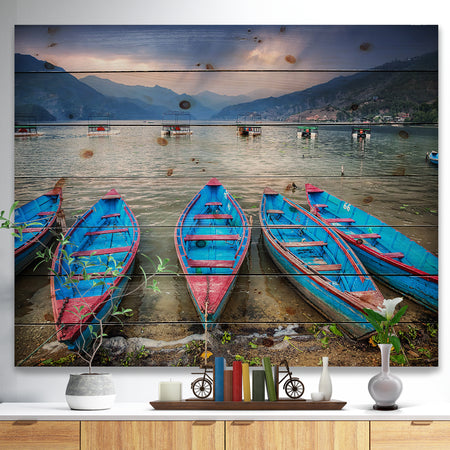 Row of Blue Boats in Pokhara Lake - Boat Print on Natural Pine Wood