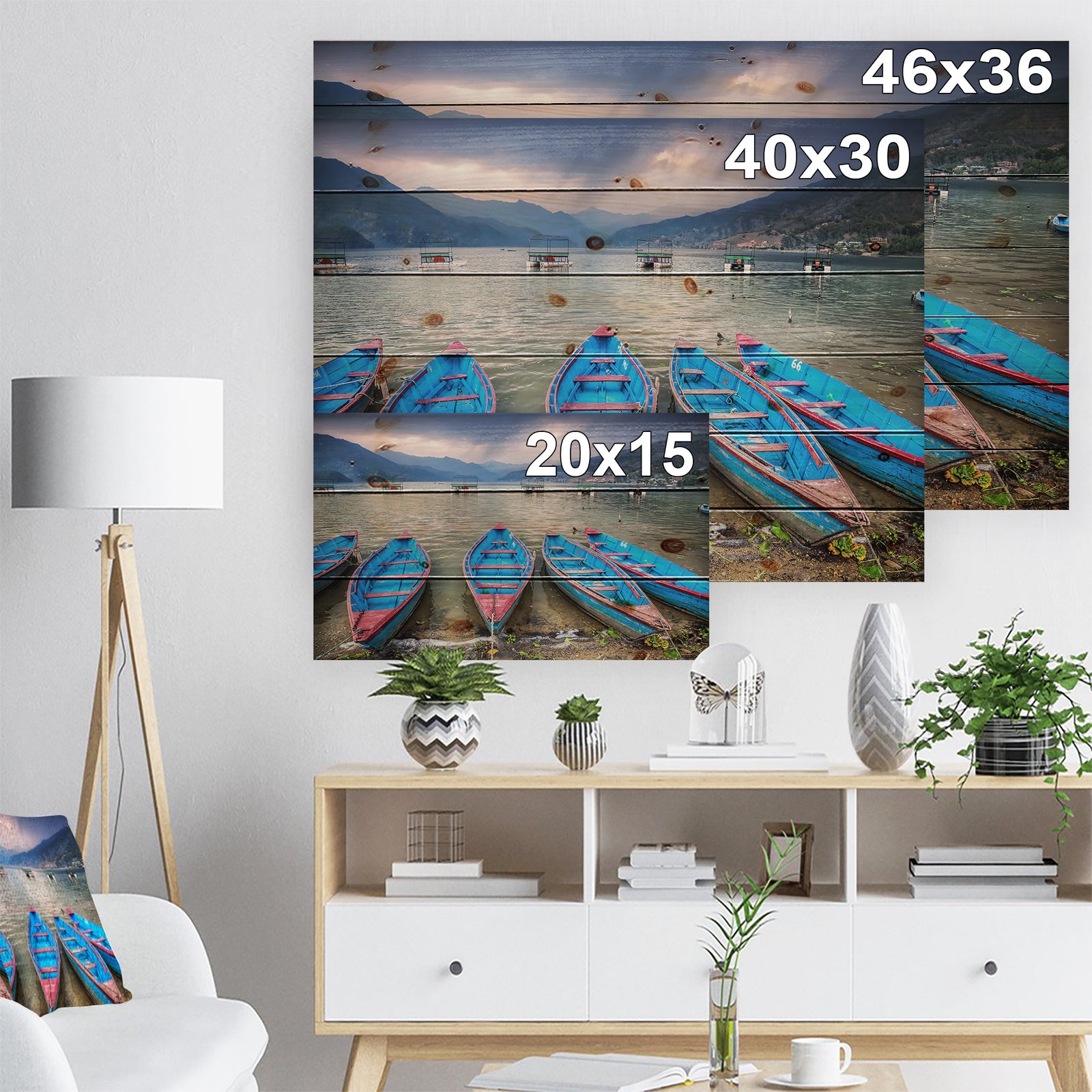 Row of Blue Boats in Pokhara Lake - Boat Print on Natural Pine Wood