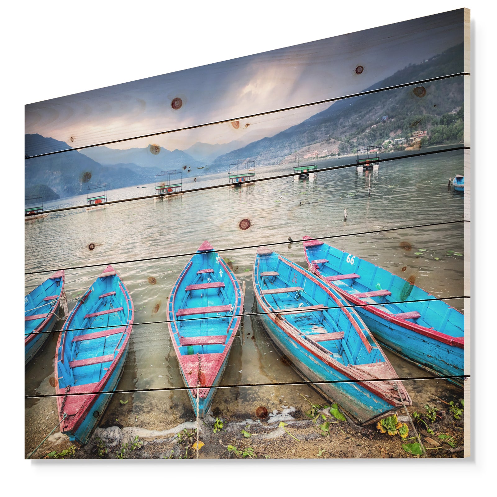 Row of Blue Boats in Pokhara Lake - Boat Print on Natural Pine Wood