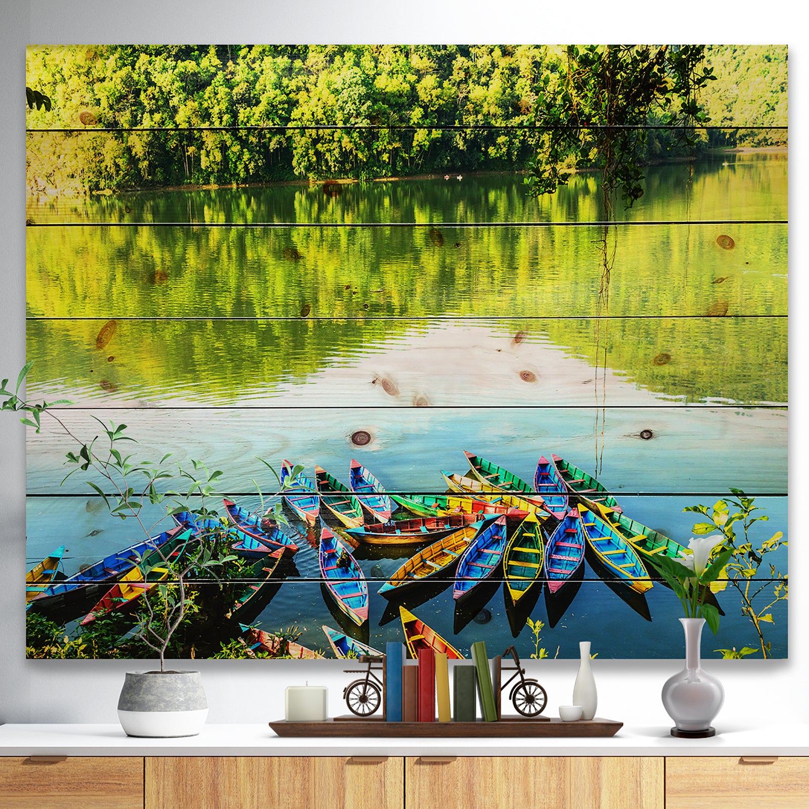 Boats in the Lake Pokhara Nepal - Boat Print on Natural Pine Wood