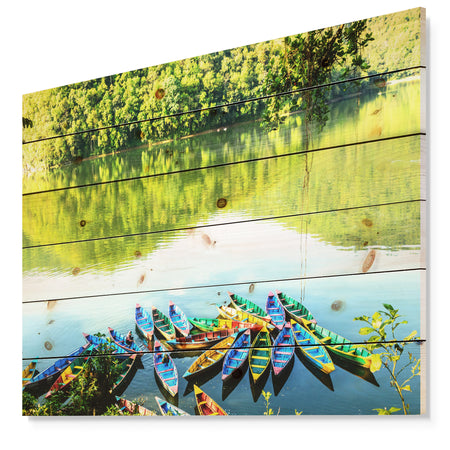 Boats in the Lake Pokhara Nepal - Boat Print on Natural Pine Wood