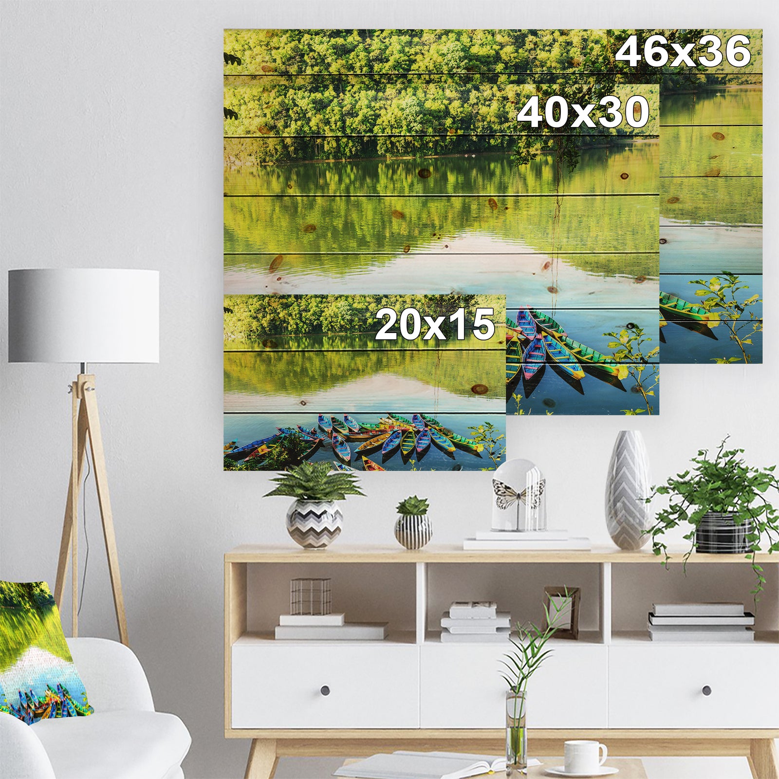 Boats in the Lake Pokhara Nepal - Boat Print on Natural Pine Wood