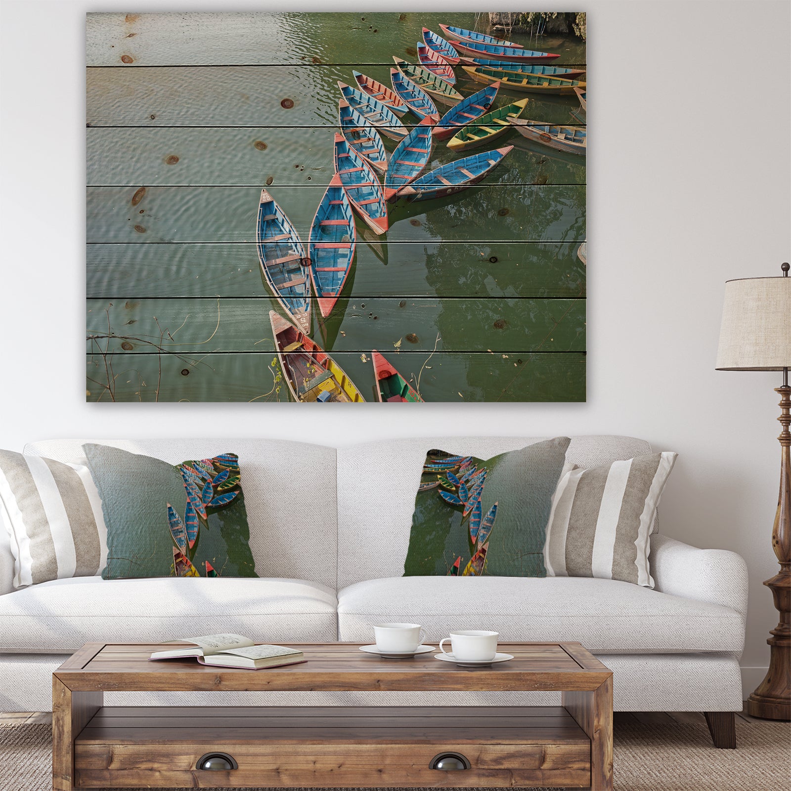Phewa Lake in Pokhara Nepal - Boat Print on Natural Pine Wood