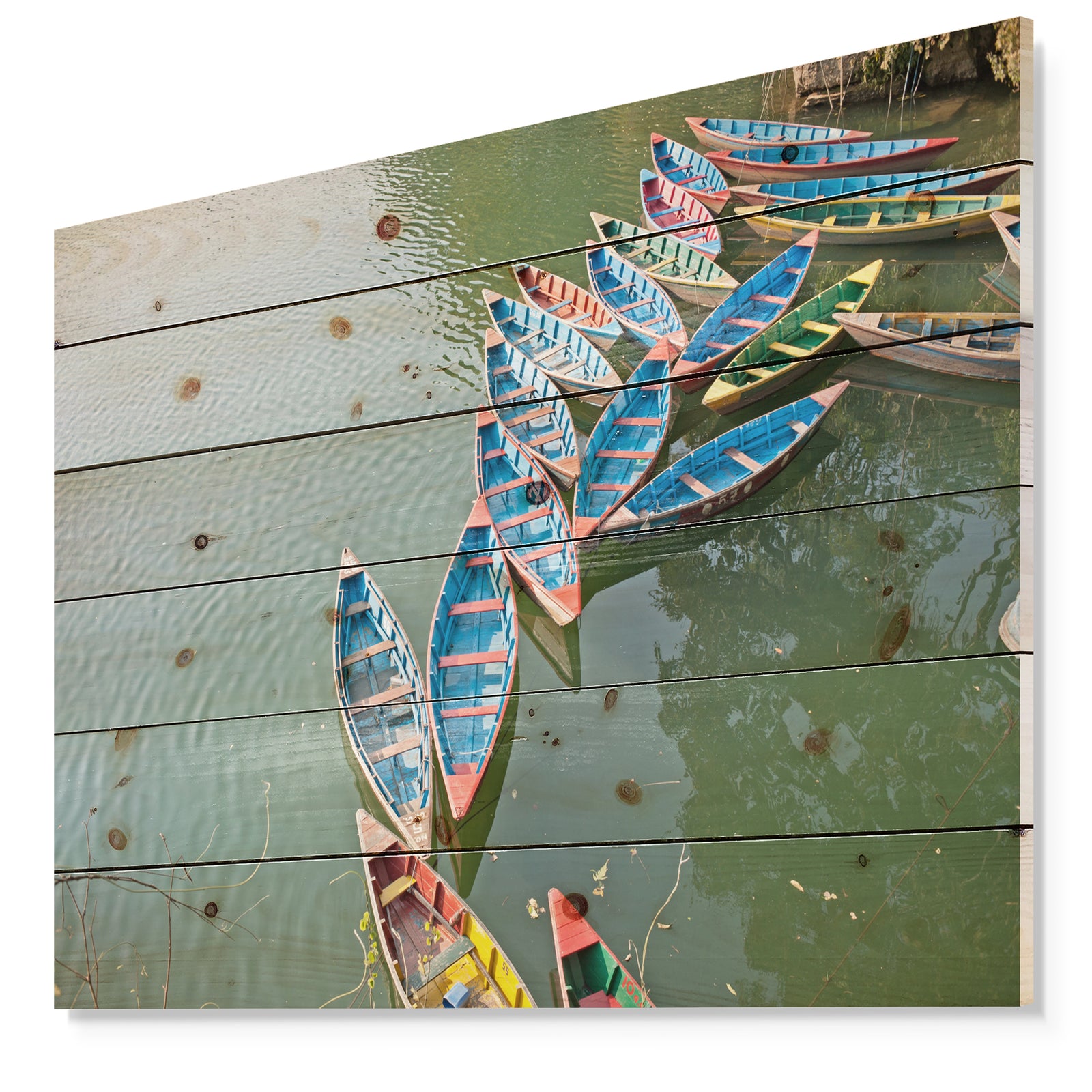 Phewa Lake in Pokhara Nepal - Boat Print on Natural Pine Wood
