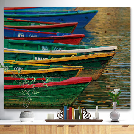 Color Boats on Phewa Lake Nepal - Boat Print on Natural Pine Wood