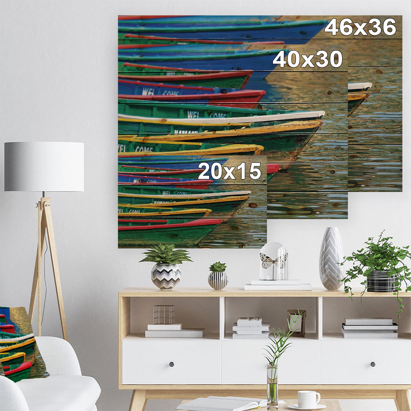 Color Boats on Phewa Lake Nepal - Boat Print on Natural Pine Wood