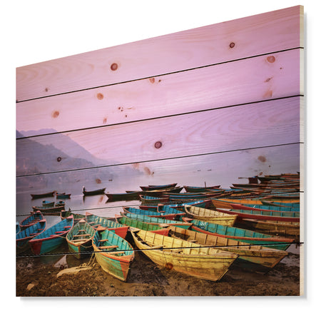 Boats under Twilight Sky in Phewa - Boat Print on Natural Pine Wood
