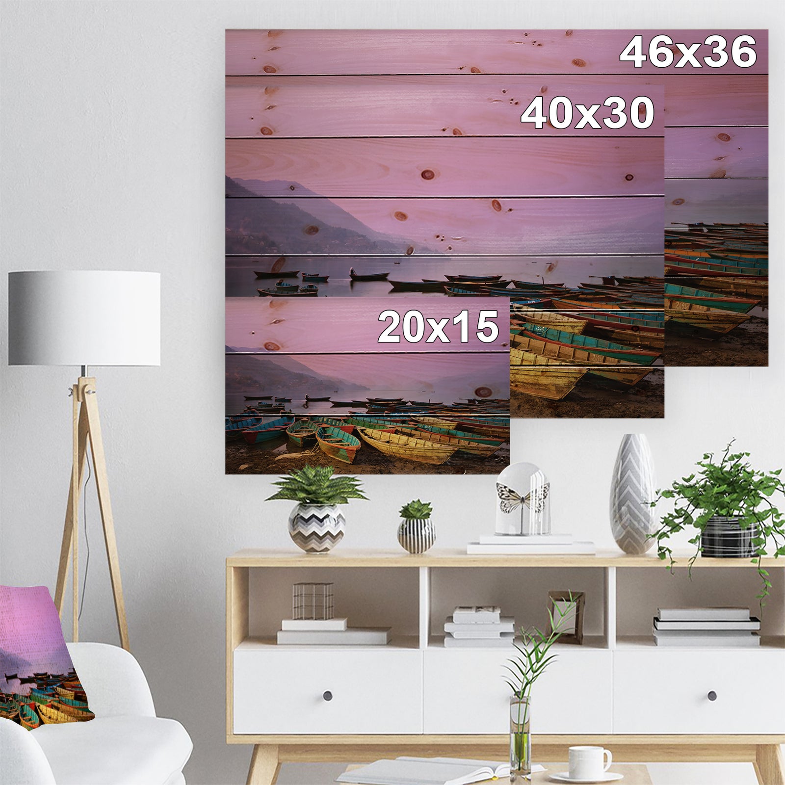 Boats under Twilight Sky in Phewa - Boat Print on Natural Pine Wood