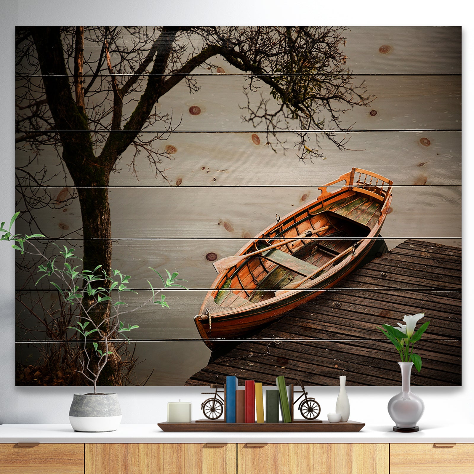 Little Rowing Boat Ferry - Boat Print on Natural Pine Wood