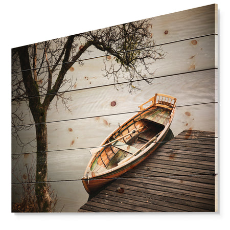 Little Rowing Boat Ferry - Boat Print on Natural Pine Wood