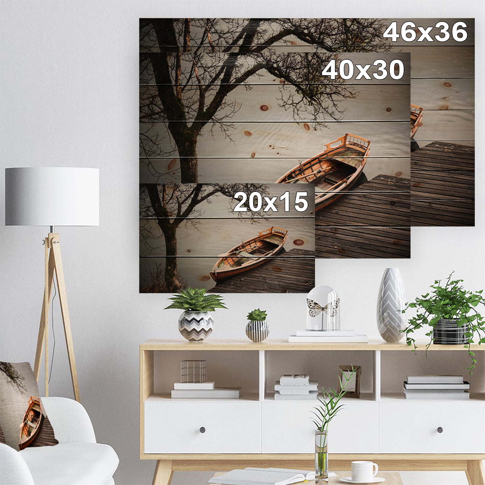 Little Rowing Boat Ferry - Boat Print on Natural Pine Wood