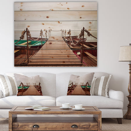 Boats in Mysterious Fog - Boat Print on Natural Pine Wood