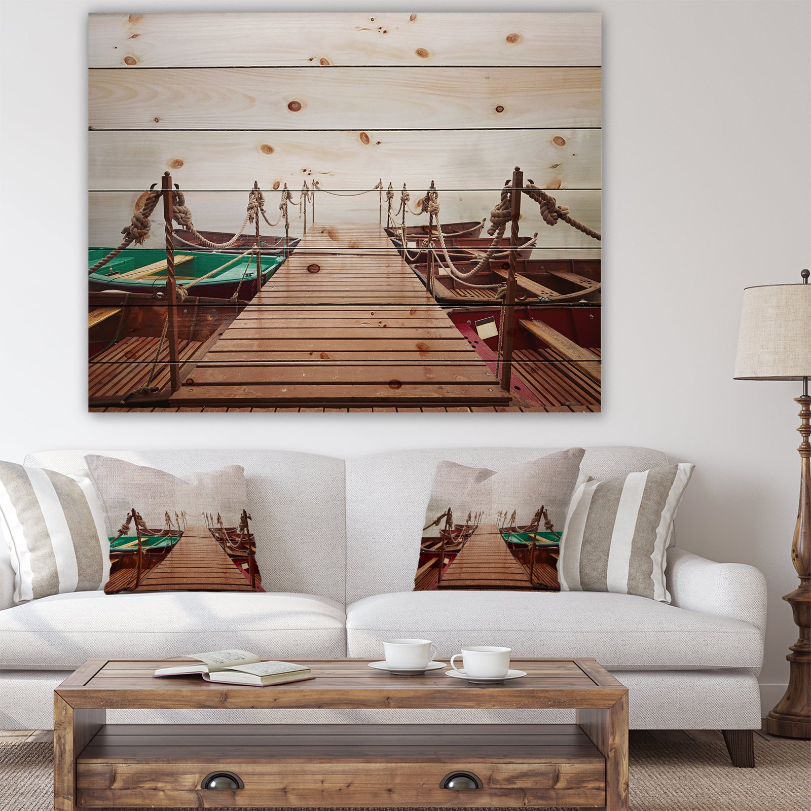 Boats in Mysterious Fog - Boat Print on Natural Pine Wood