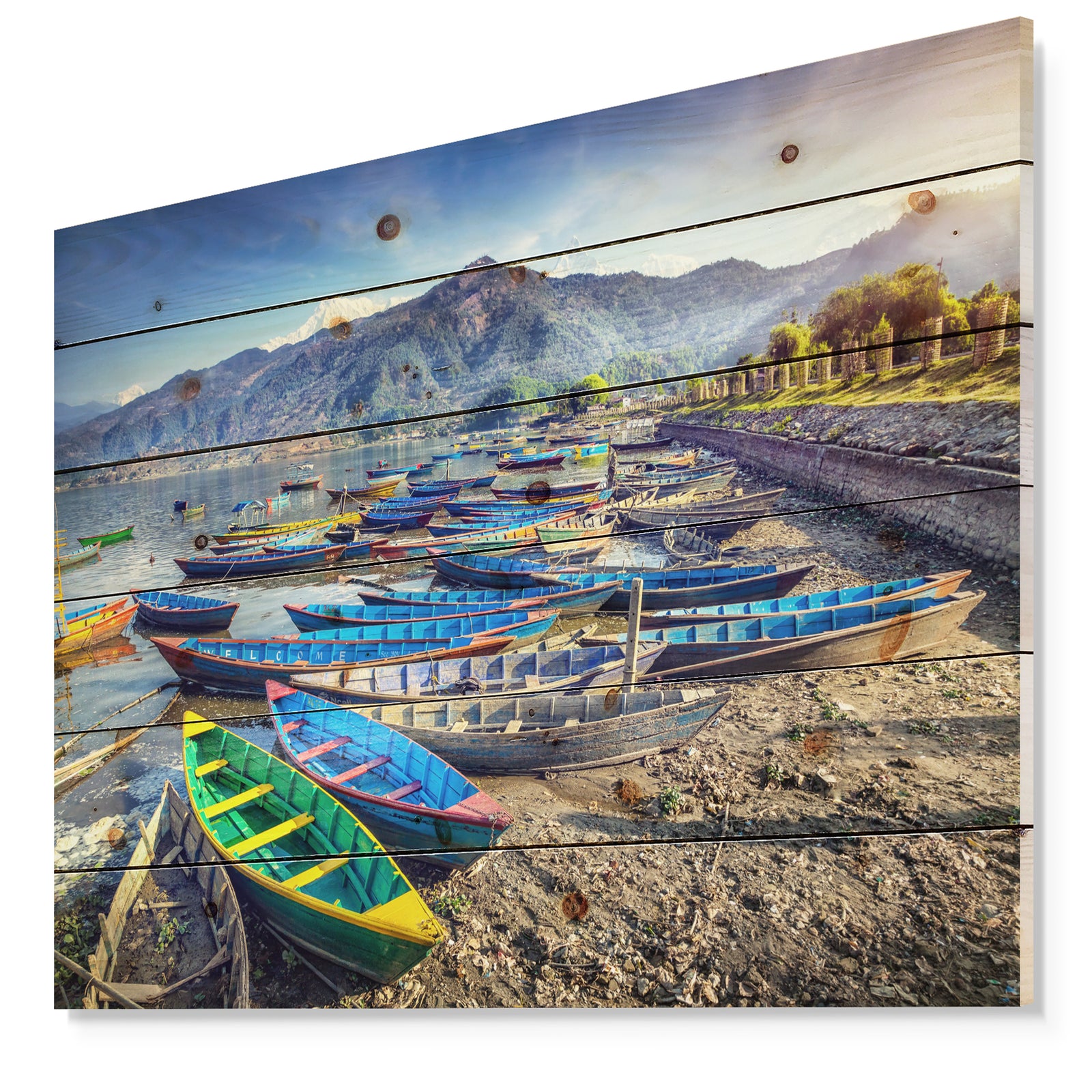 Colorful Boats in Pokhara Lake - Boat Print on Natural Pine Wood