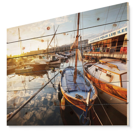 Yachts at Sea Port of Marseille - Boat Print on Natural Pine Wood