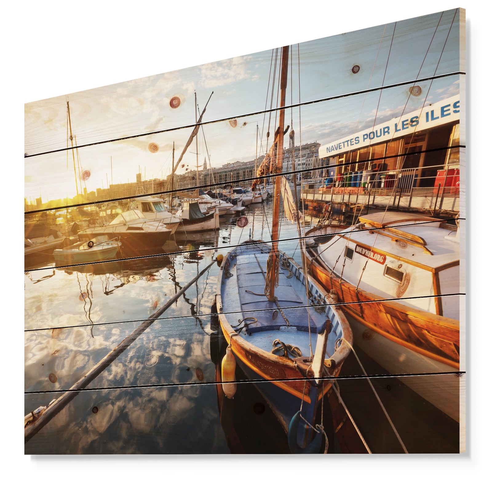 Yachts at Sea Port of Marseille - Boat Print on Natural Pine Wood