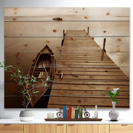 Albufera Lake Wetlands Pier - Boat Print on Natural Pine Wood