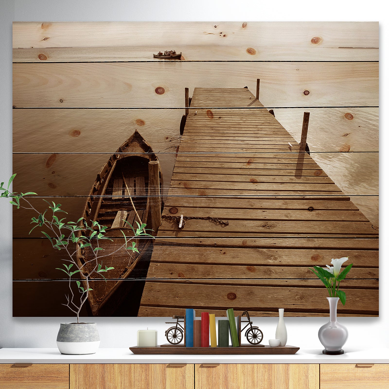 Albufera Lake Wetlands Pier - Boat Print on Natural Pine Wood