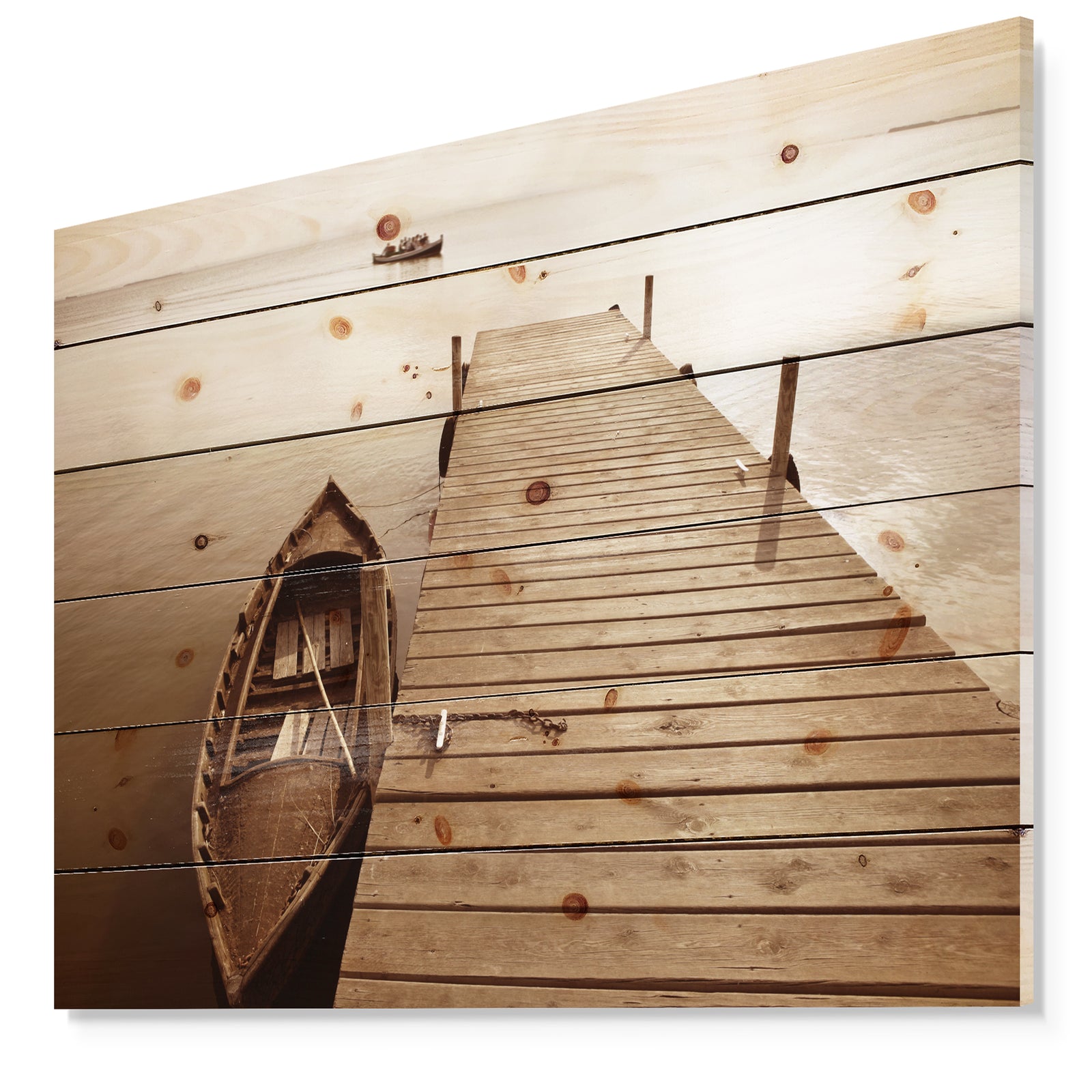 Albufera Lake Wetlands Pier - Boat Print on Natural Pine Wood