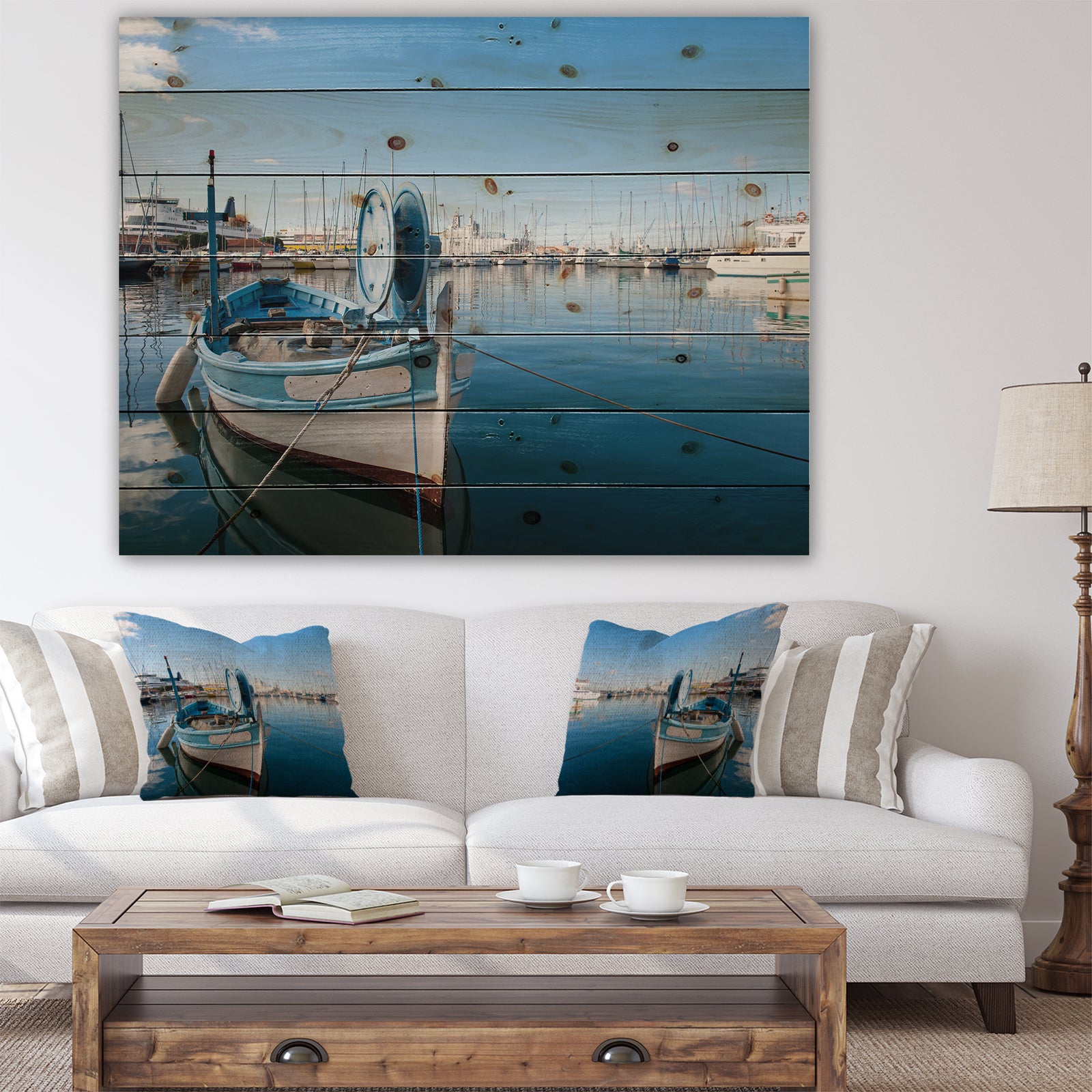 Yachts in Toulon Port France - Boat Print on Natural Pine Wood