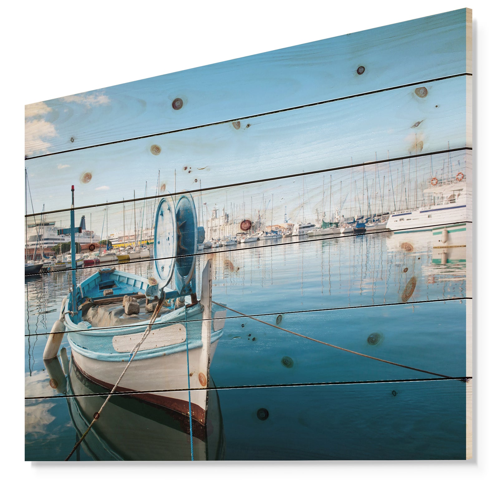 Yachts in Toulon Port France - Boat Print on Natural Pine Wood
